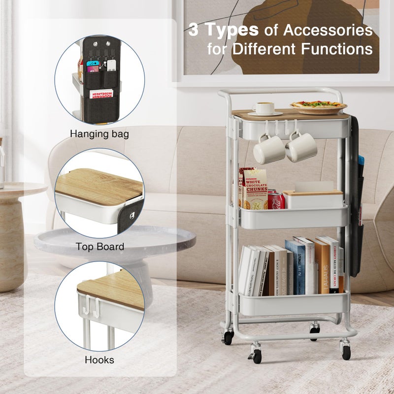 DTK 3 Tier Metal Utility Rolling Cart with Table Top and Side Bags, Metal Tray Storage Organizer Cart with Wheels, Art Craft Cart with 4 Hooks for Kitchen Bathroom Office Living Room (White) - Image 5