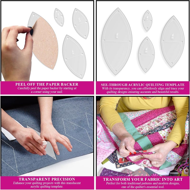 LaserThing Orange Peel Leaf Quilting Template Set | Essential Quilting Supplies for Leaf-Shaped Designs | Includes Sizes 4", 3", 2", 1" | 1/8 Clear Acrylic | Features 1/4" Seam Allowance - Image 5