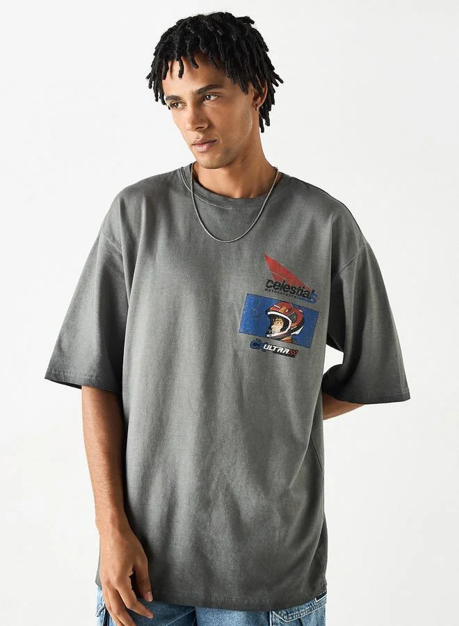 Printed Crew Neck T-shirt with Short Sleeves