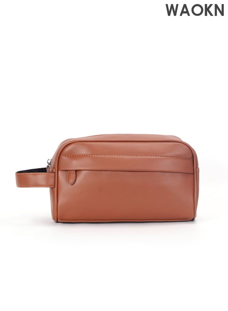 WAOKN Business Men Handbag , Retro Men Pu Leather Wrist Bag , Men Horizontal Commuting Business Bag Large Capacity with Portable Handle , PU leather fabric, waterproof and dirt resistant , unisex , brown . - Image 1