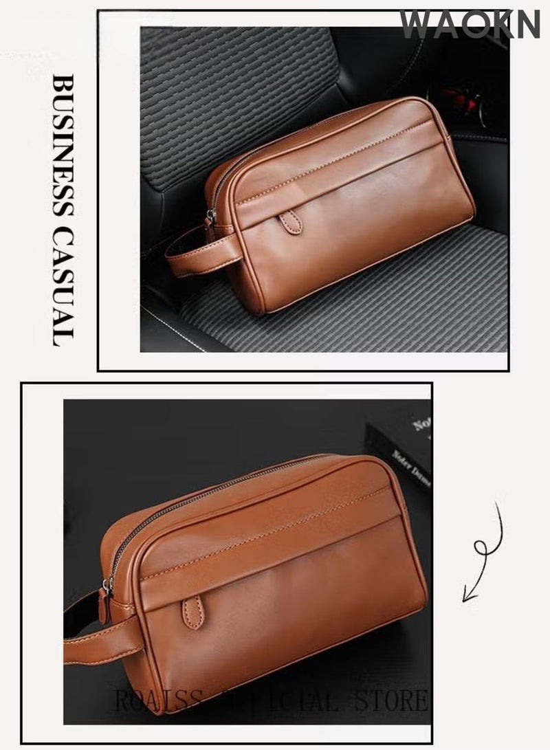 WAOKN Business Men Handbag , Retro Men Pu Leather Wrist Bag , Men Horizontal Commuting Business Bag Large Capacity with Portable Handle , PU leather fabric, waterproof and dirt resistant , unisex , brown . - Image 2