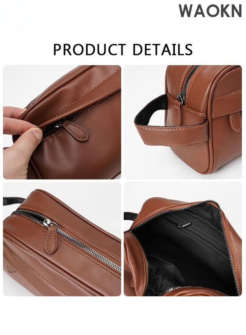WAOKN Business Men Handbag , Retro Men Pu Leather Wrist Bag , Men Horizontal Commuting Business Bag Large Capacity with Portable Handle , PU leather fabric, waterproof and dirt resistant , unisex , brown . - Image 3