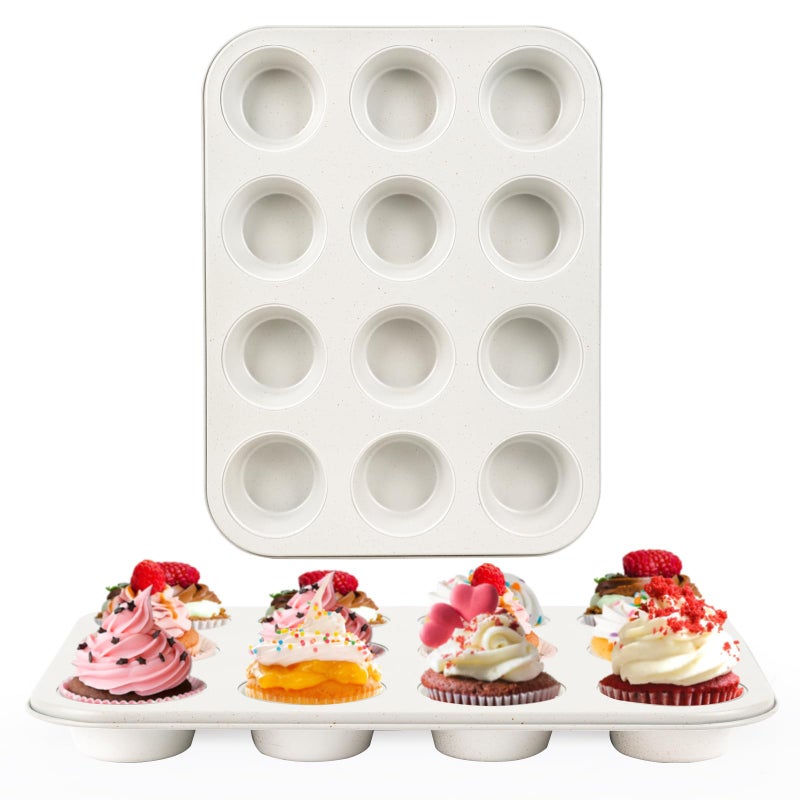 Spmarkt 2Pack Healthy Baking Cupcake Pan Non Stick 12Cup Muffin Pan Durable Easy Clean Muffin Tin Perfect for Cupcakes Muffins Beige