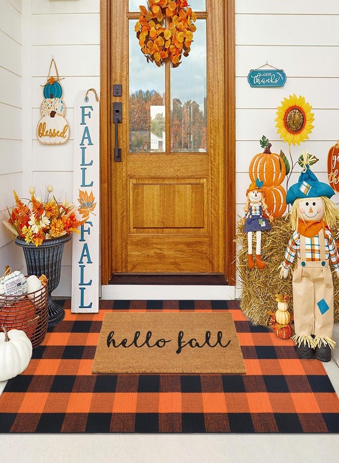 طقم سجادات أبواب خريفية، سجادة ترحيبية من ألياف جوز الهند + سجادة مربعات برتقالية وسوداء مقاس 28 × 43 بوصة، سجادة أرضية لتزيين مدخل الشرفة الأمامية في الخريف وعيد الشكر - Image 1