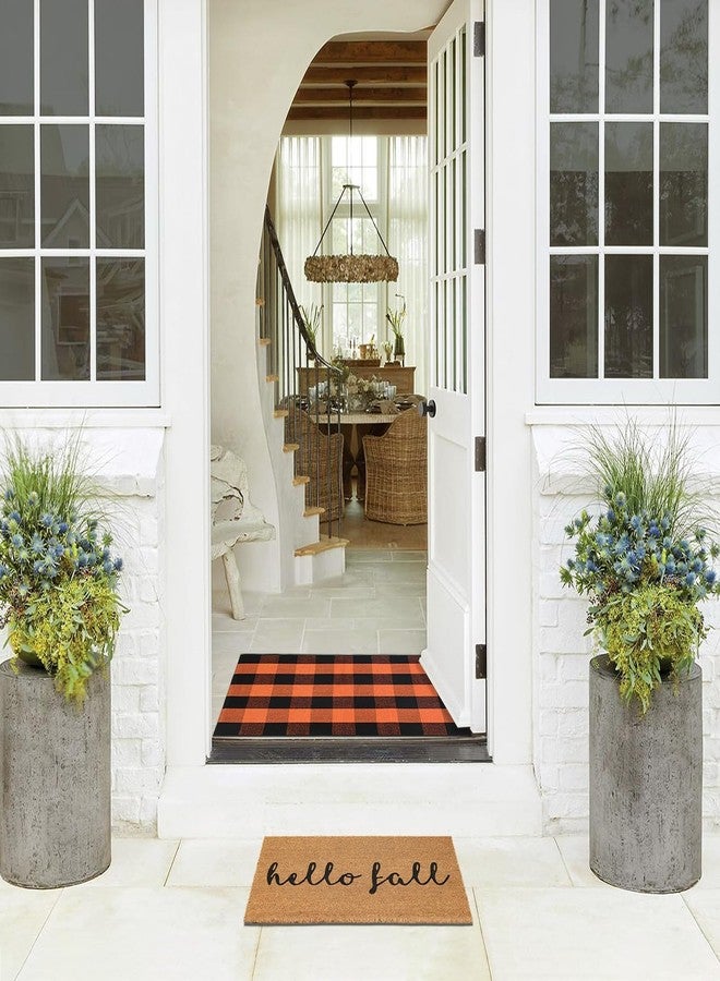 طقم سجادات أبواب خريفية، سجادة ترحيبية من ألياف جوز الهند + سجادة مربعات برتقالية وسوداء مقاس 28 × 43 بوصة، سجادة أرضية لتزيين مدخل الشرفة الأمامية في الخريف وعيد الشكر - Image 4