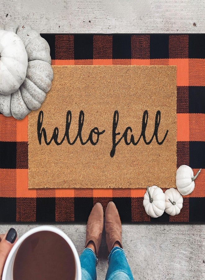 طقم سجادات أبواب خريفية، سجادة ترحيبية من ألياف جوز الهند + سجادة مربعات برتقالية وسوداء مقاس 28 × 43 بوصة، سجادة أرضية لتزيين مدخل الشرفة الأمامية في الخريف وعيد الشكر - Image 3