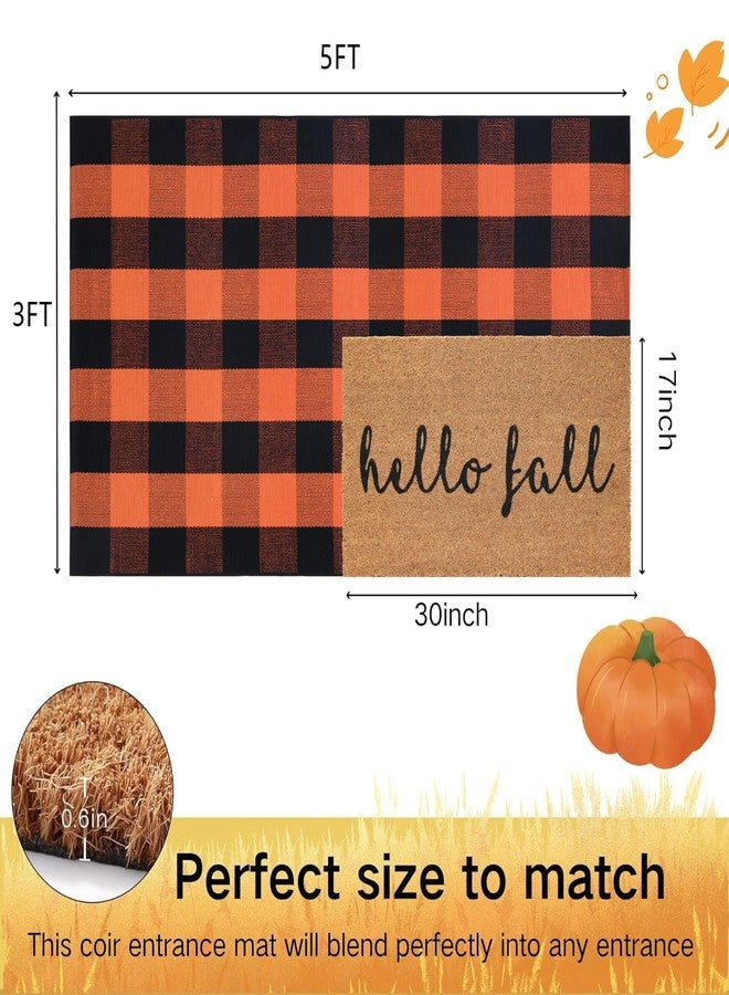 طقم سجادات أبواب خريفية، سجادة ترحيبية من ألياف جوز الهند + سجادة مربعات برتقالية وسوداء مقاس 28 × 43 بوصة، سجادة أرضية لتزيين مدخل الشرفة الأمامية في الخريف وعيد الشكر - Image 2