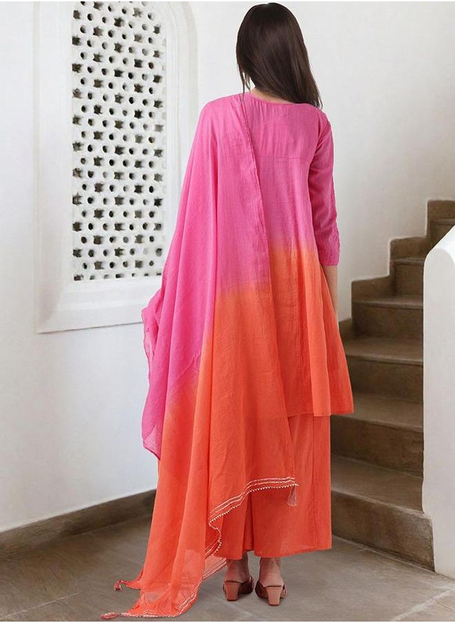 ISHIN Orange cotton Embellished Pattern Straight Kurta Set for Women with Round Neck Neckline Three-Fourth Sleeves Calf length Upper Body Wear Tunic Full Length Bottom Body Wear Palazzo Elastic Closure - Perfect for Festive Occasions  - Image 5