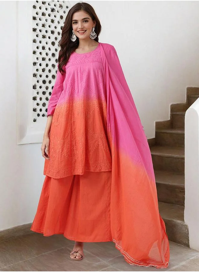 ISHIN Orange cotton Embellished Pattern Straight Kurta Set for Women with Round Neck Neckline Three-Fourth Sleeves Calf length Upper Body Wear Tunic Full Length Bottom Body Wear Palazzo Elastic Closure - Perfect for Festive Occasions