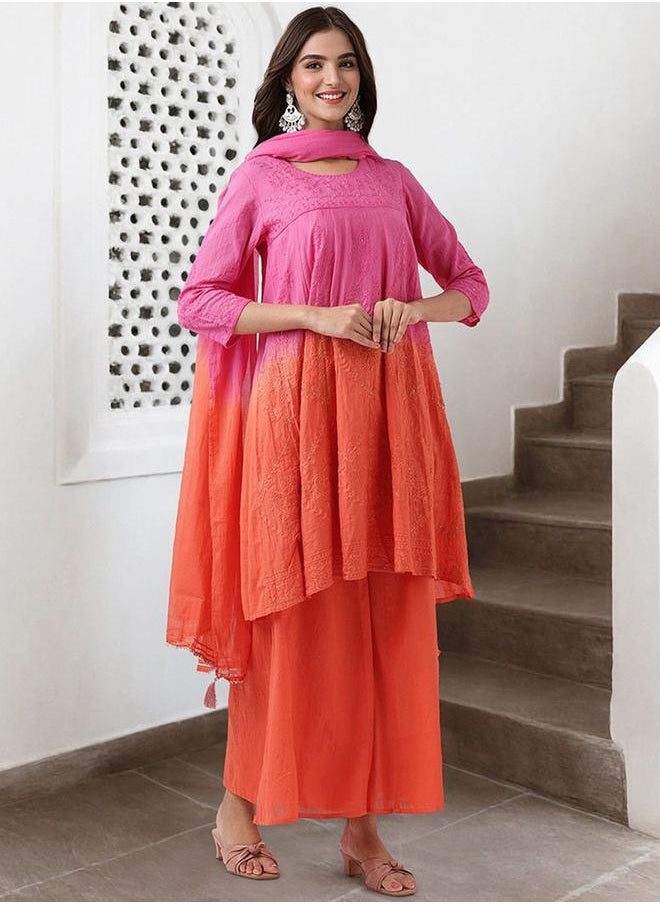 ISHIN Orange cotton Embellished Pattern Straight Kurta Set for Women with Round Neck Neckline Three-Fourth Sleeves Calf length Upper Body Wear Tunic Full Length Bottom Body Wear Palazzo Elastic Closure - Perfect for Festive Occasions  - Image 3