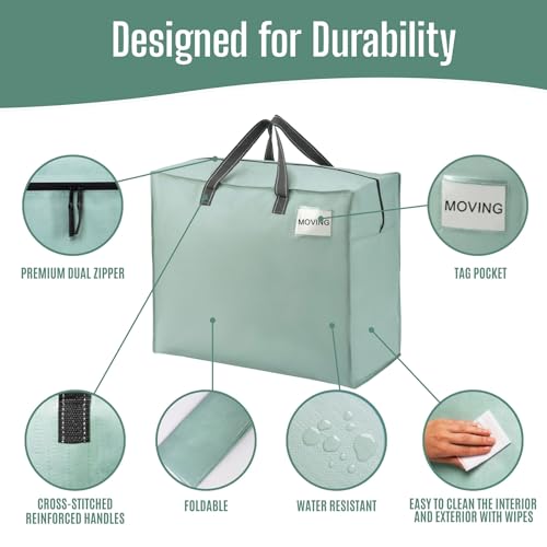VENO 4 Pack Heavy Duty Moving Bags, Storage Bags, Packing Supplies, Top Zipper, Storage Totes for Camping, Clothes, Bedding, Comforters, Pillows (22 Gallon Light Green, 4 Pack) - Image 5