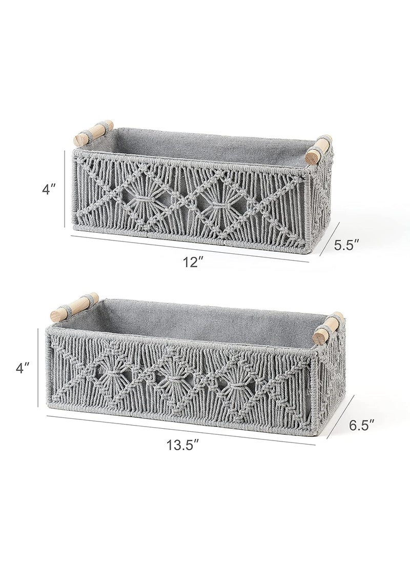 SIDRA SIDRA Set Of 2 Handmade Macrame Basket with Wooden Handles, Boho Cotton Lined Decorative Organizer, Hamper for Home Decor, Gift Marriage Party Function Living Room Decoration, Off-White Style-09  - Image 2