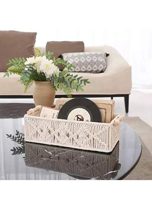 SIDRA SIDRA Set Of 2 Handmade Macrame Basket with Wooden Handles, Boho Cotton Lined Decorative Organizer, Hamper for Home Decor, Gift Marriage Party Function Living Room Decoration, Off-White Style-09  - Image 4
