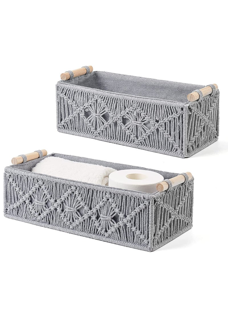 SIDRA SIDRA Set Of 2 Handmade Macrame Basket with Wooden Handles, Boho Cotton Lined Decorative Organizer, Hamper for Home Decor, Gift Marriage Party Function Living Room Decoration, Off-White Style-09  - Image 1