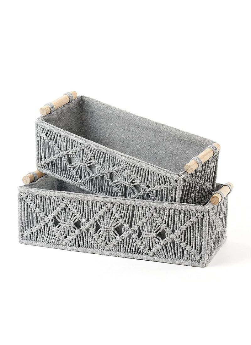 SIDRA SIDRA Set Of 2 Handmade Macrame Basket with Wooden Handles, Boho Cotton Lined Decorative Organizer, Hamper for Home Decor, Gift Marriage Party Function Living Room Decoration, Off-White Style-09  - Image 3