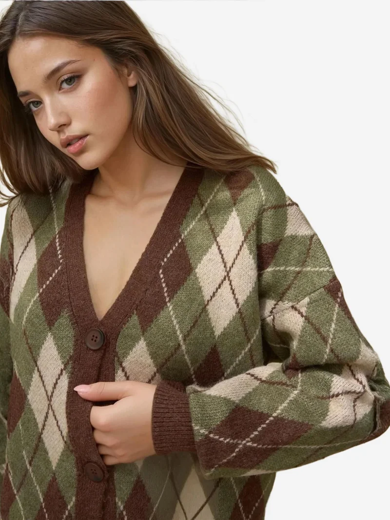 HICCUP Long V-Neck Geometric Knitwear Cardigan with Buttons