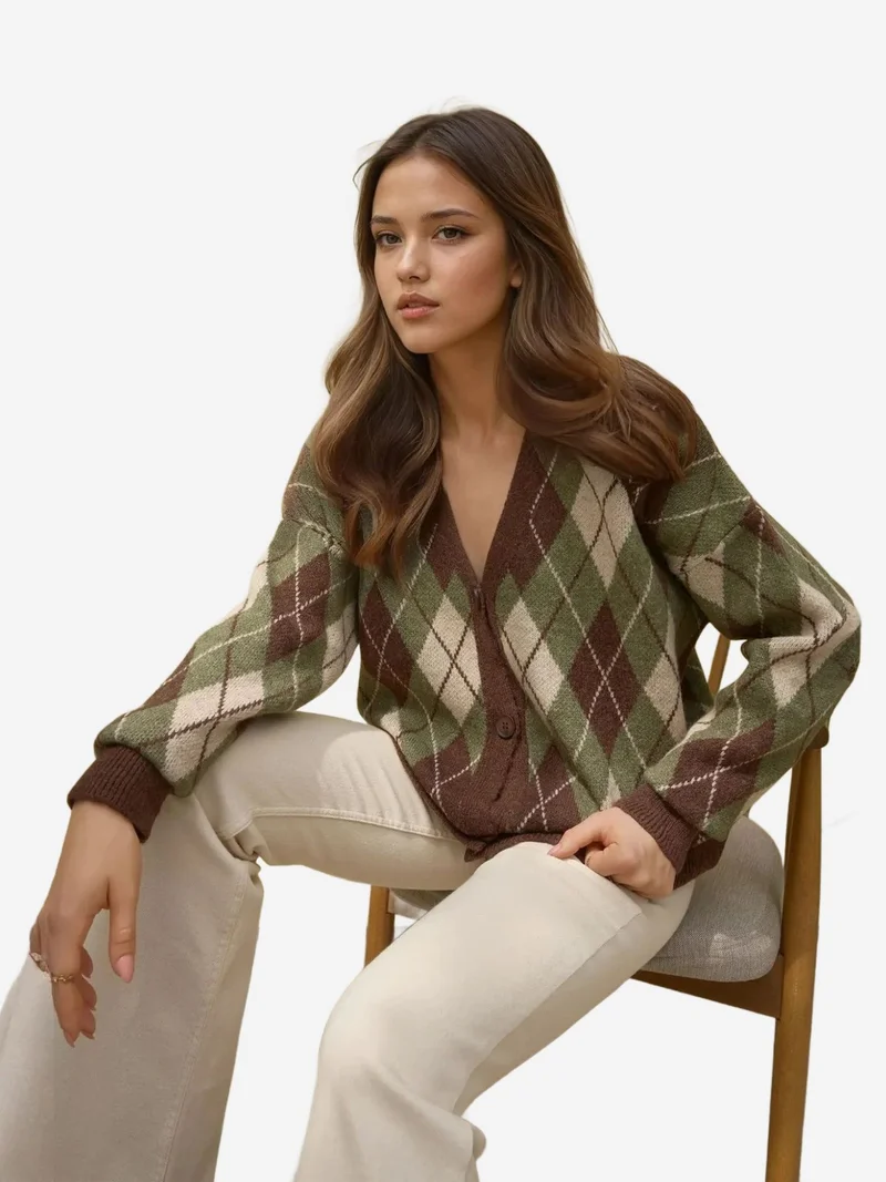 Long V-Neck Geometric Knitwear Cardigan with Buttons