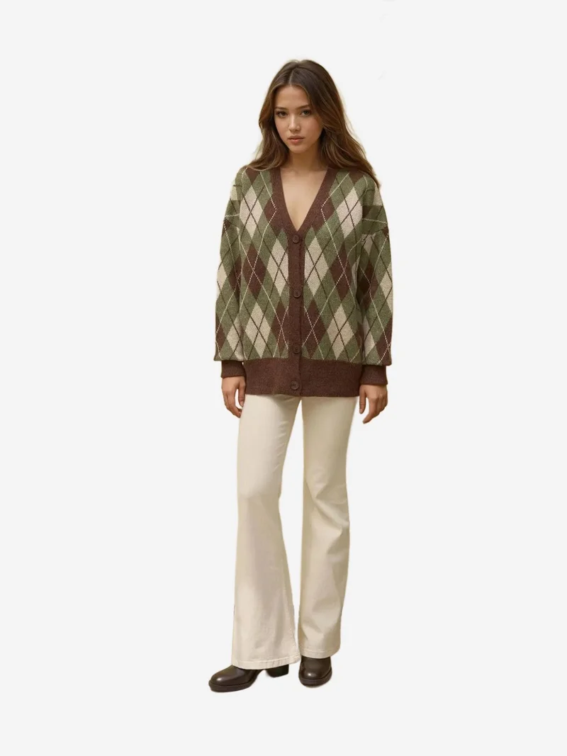 HICCUP Long V-Neck Geometric Knitwear Cardigan with Buttons