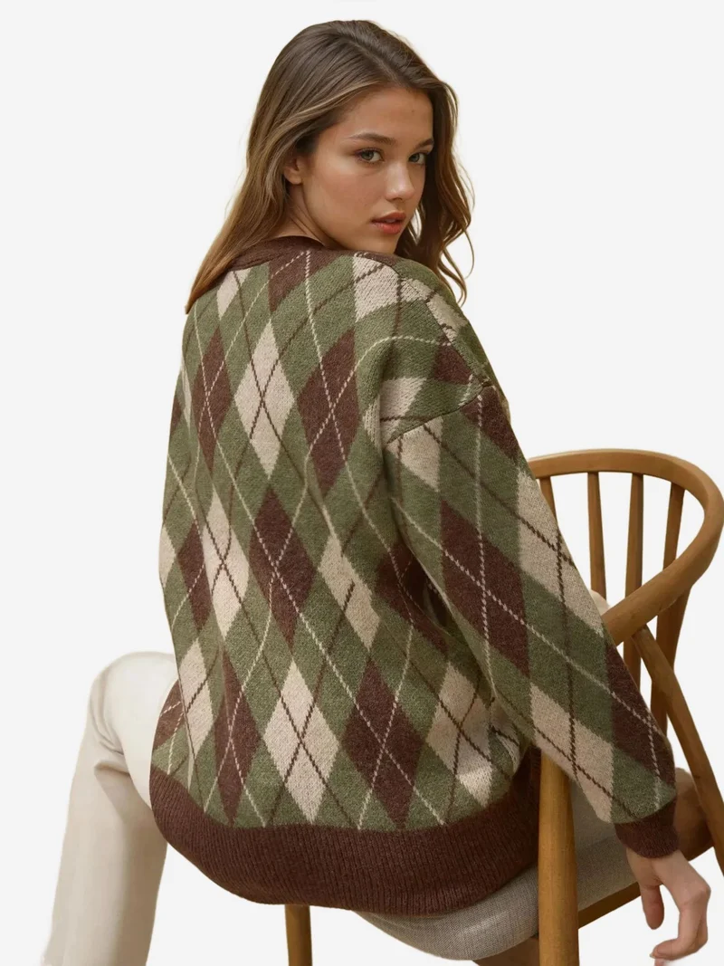 HICCUP Long V-Neck Geometric Knitwear Cardigan with Buttons