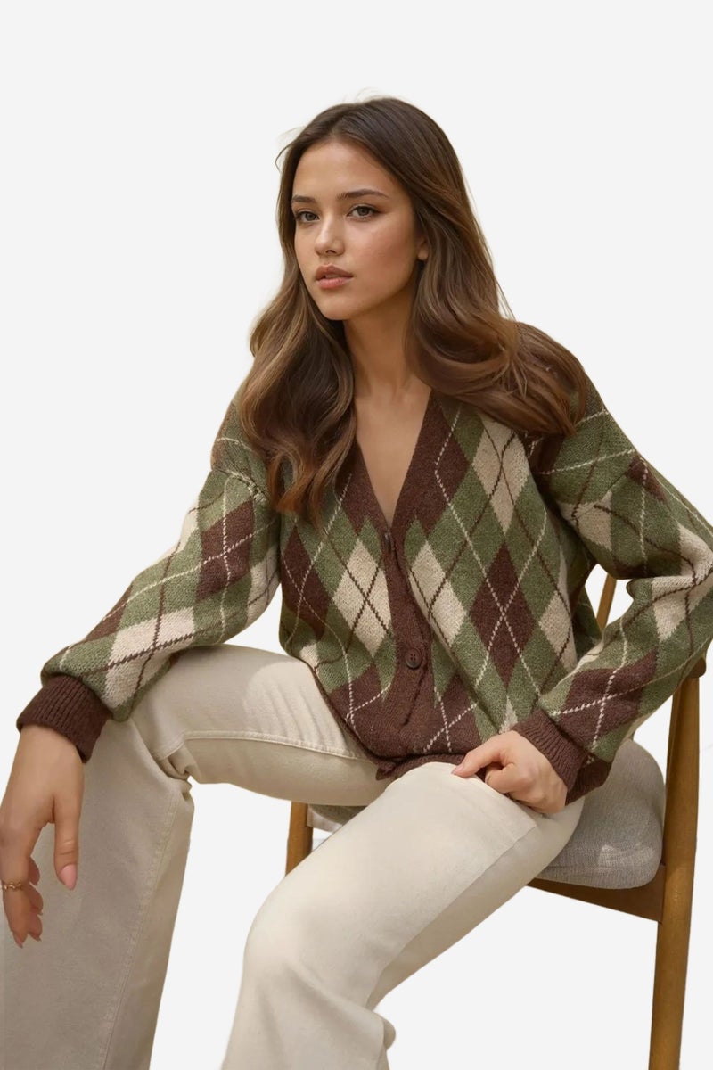 HICCUP Long V-Neck Geometric Knitwear Cardigan with Buttons - Image 1