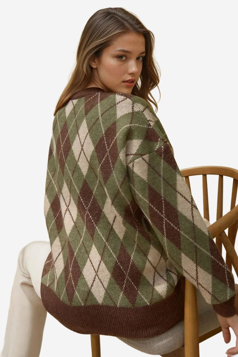 HICCUP Long V-Neck Geometric Knitwear Cardigan with Buttons - Image 4