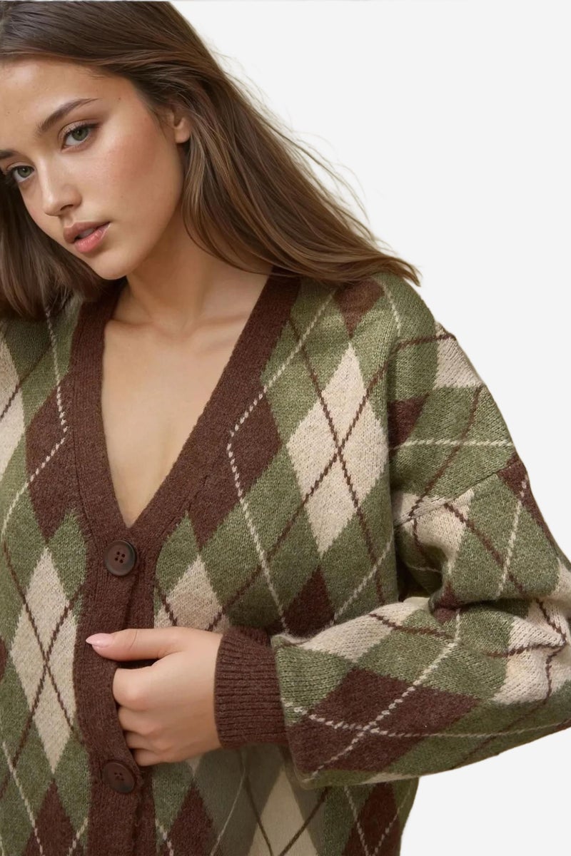 HICCUP Long V-Neck Geometric Knitwear Cardigan with Buttons - Image 2