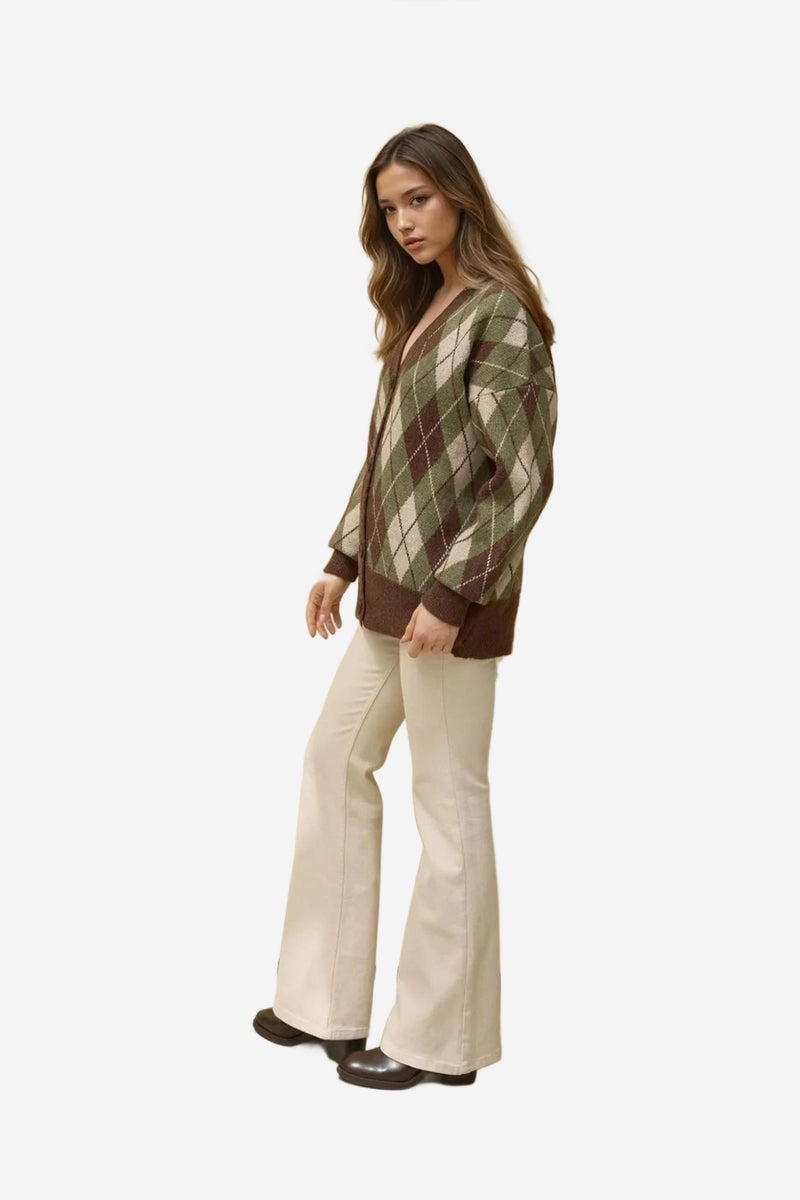 HICCUP Long V-Neck Geometric Knitwear Cardigan with Buttons - Image 5
