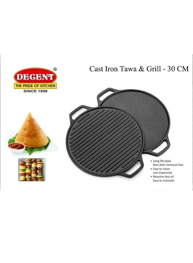 Decent 2 in 1 Pre-seasoned Cast Iron Black Tawa & Grill Plate 30 cm | Reversible Cooking Plate for Roti, Paratha, Grilling, BBQ | Gas & Induction Compatible | Naturally Non Stick | Dual Side Handle - Image 3