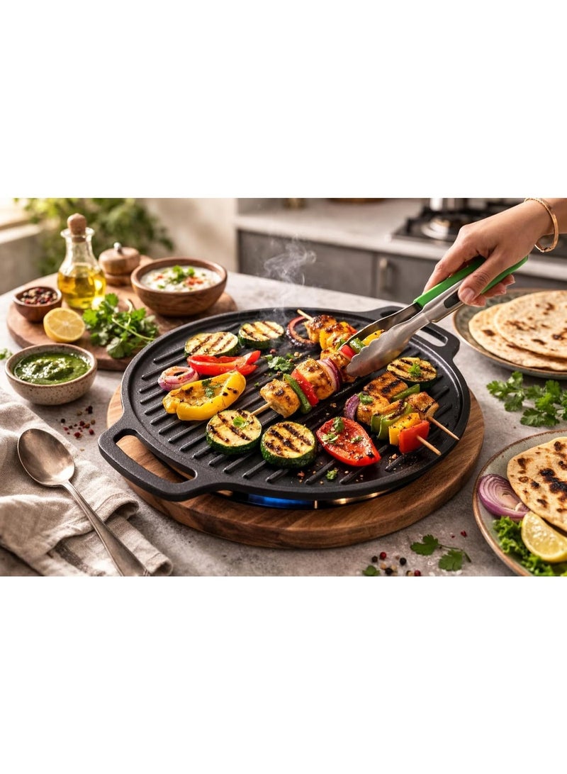 Decent 2 in 1 Pre-seasoned Cast Iron Black Tawa & Grill Plate 30 cm | Reversible Cooking Plate for Roti, Paratha, Grilling, BBQ | Gas & Induction Compatible | Naturally Non Stick | Dual Side Handle - Image 4