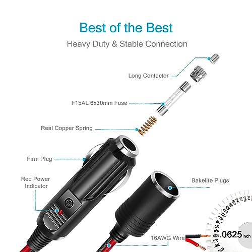 Chanzon 12V/24V Car Cigarette Lighter Extension Cord - 6Ft UL 16AWG Cable with 15A Fuse - Heavy Duty Auto DC Power Plug Connector for Tire Inflators, Cleaners & Adapter - Male to Female Socket - Image 3