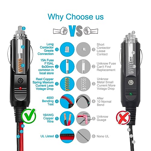 Chanzon 12V/24V Car Cigarette Lighter Extension Cord - 6Ft UL 16AWG Cable with 15A Fuse - Heavy Duty Auto DC Power Plug Connector for Tire Inflators, Cleaners & Adapter - Male to Female Socket - Image 2
