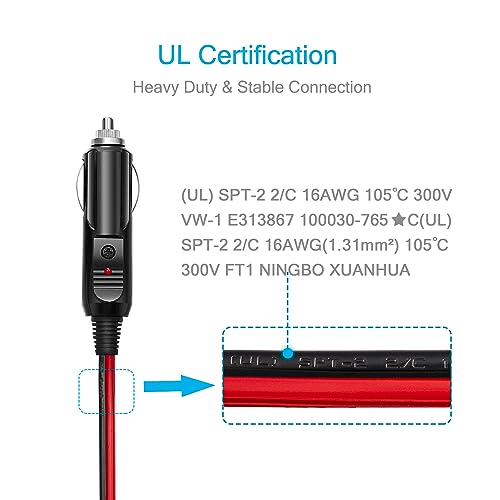Chanzon 12V/24V Car Cigarette Lighter Extension Cord - 6Ft UL 16AWG Cable with 15A Fuse - Heavy Duty Auto DC Power Plug Connector for Tire Inflators, Cleaners & Adapter - Male to Female Socket - Image 4