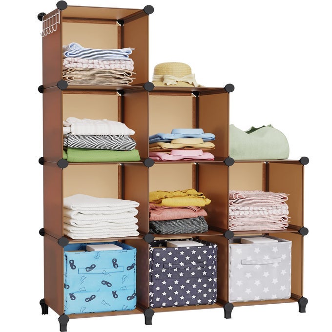 CLOSET ORGANIZERS AND STORAGE 9 CUBE STORAGE ORGANIZER CUBES PORTABLE CLOSET ORGANIZER SHELVES FOR CLOTHES BEDROOM WARDROBE KIDS ROOM BATHROOM BROWN