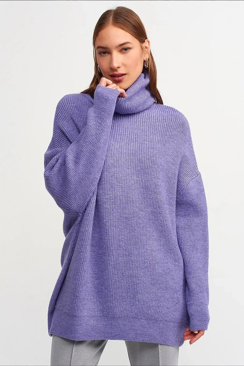Dilvin Lavender Purple DILVIN Oversized Ribbed Turtleneck Sweater for Women | Best Price UAE