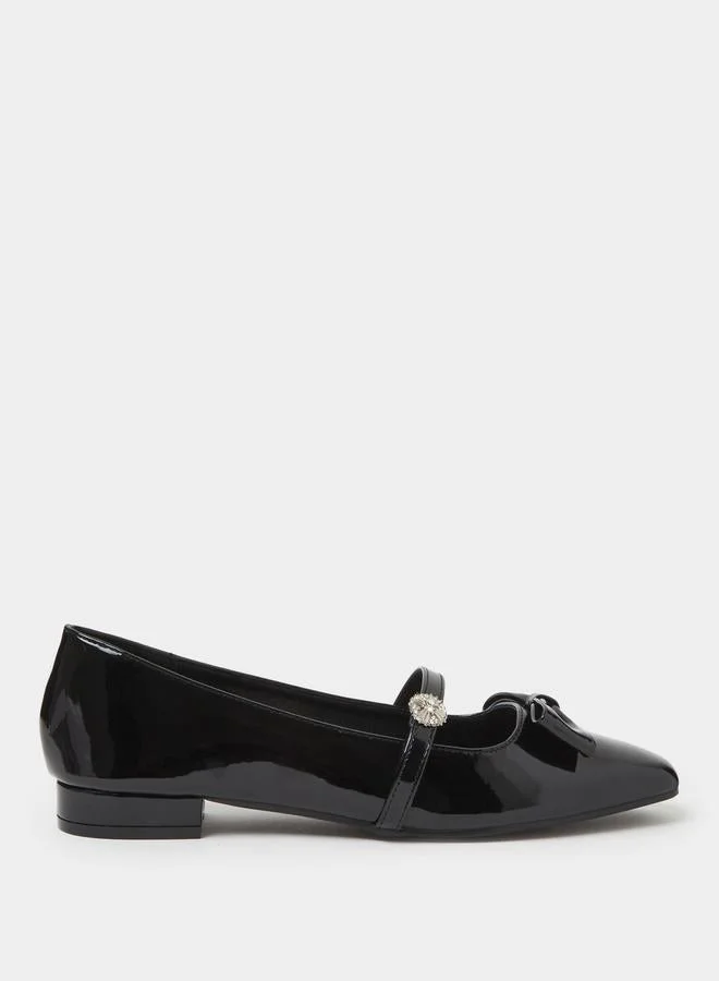 Black Patent Ballerina Flats with Diamante Strap and Bow Detail