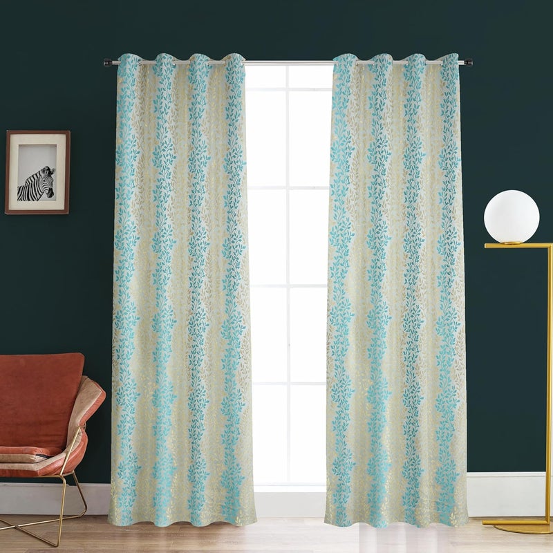Kiara Creations Heavy Room Darkening Leaves Texture Jacquard Fabric Curtains for Door 7 Feet Set of 2 Pc Aqua