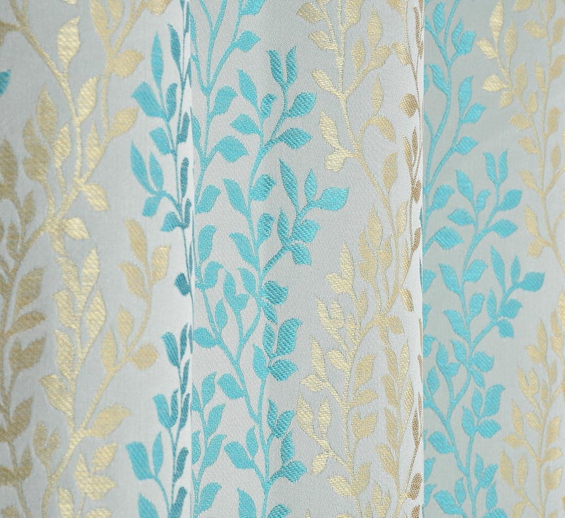 Kiara Creations Heavy Room Darkening Leaves Texture Jacquard Fabric Curtains for Door 7 Feet Set of 2 Pc Aqua