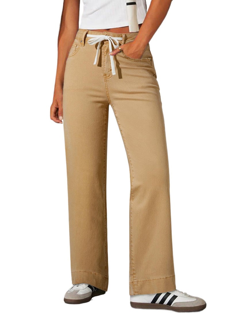 Sidefeel Women's Wide Leg Jeans High Waisted Stretchy Straight Leg Drawstring Fall Outfit Denim Pants with Pocktes Khaki Size 16 - Image 1