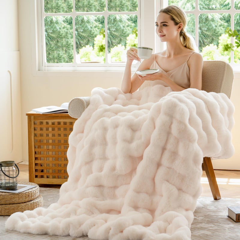 BENVWE Faux Fur Throw Blanket Fuzzy Bubble Blanket, Soft,Cozy and Thick Blanket Plush Fluffy Blanket for Couch Chair Bed 51x63 Inches Cream White - Image 3