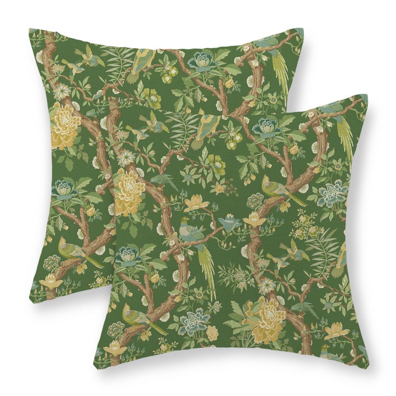 GOLIANDA Floral Bird Pillow Covers 18x18 Set of 2 Chinoiserie Green Throw Pillow Covers Vintage Flowers Bird Decorative Pillow Cases Outdoor Chinoiserie Decor Farmhouse Cushion Case for Couch Sofa - Image 1