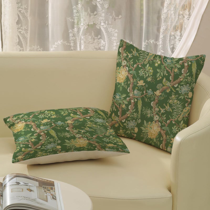 GOLIANDA Floral Bird Pillow Covers 18x18 Set of 2 Chinoiserie Green Throw Pillow Covers Vintage Flowers Bird Decorative Pillow Cases Outdoor Chinoiserie Decor Farmhouse Cushion Case for Couch Sofa - Image 4
