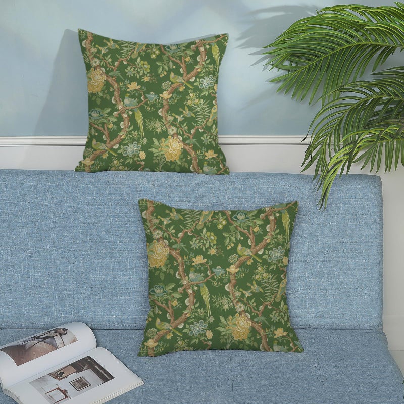 GOLIANDA Floral Bird Pillow Covers 18x18 Set of 2 Chinoiserie Green Throw Pillow Covers Vintage Flowers Bird Decorative Pillow Cases Outdoor Chinoiserie Decor Farmhouse Cushion Case for Couch Sofa - Image 3