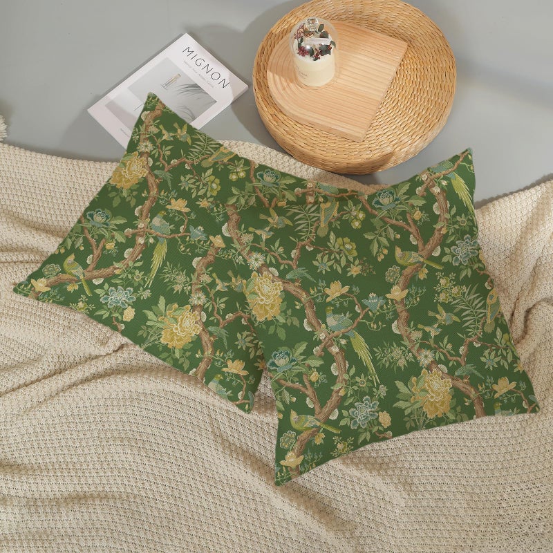 GOLIANDA Floral Bird Pillow Covers 18x18 Set of 2 Chinoiserie Green Throw Pillow Covers Vintage Flowers Bird Decorative Pillow Cases Outdoor Chinoiserie Decor Farmhouse Cushion Case for Couch Sofa - Image 5