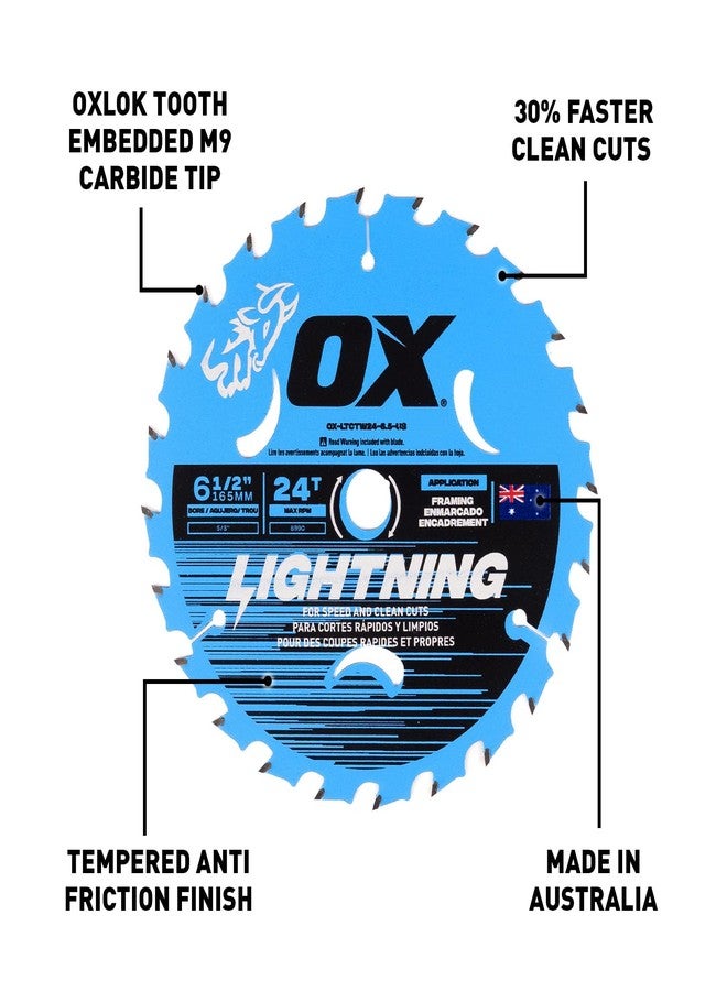 OX Tools Lightning 6-1/2 inch 24 Tooth Circular Saw Blade for Framing - 5/8 inch Bore Laser Cut Carbide Tipped M9 Grade Construction - Circular Saw Blades Made in Australia for Wood Cutting - Image 2