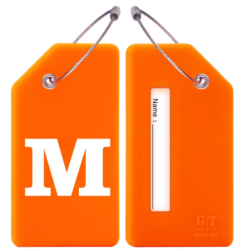 Gostwo 2 Pack Silicone Luggage Tags for Suitcases, 26 Initial Letter Baggage Labels Handbag School Bag Suitcase Instrument Tag with Stainless Steel Loop(Orange)(Letter M) - Image 2