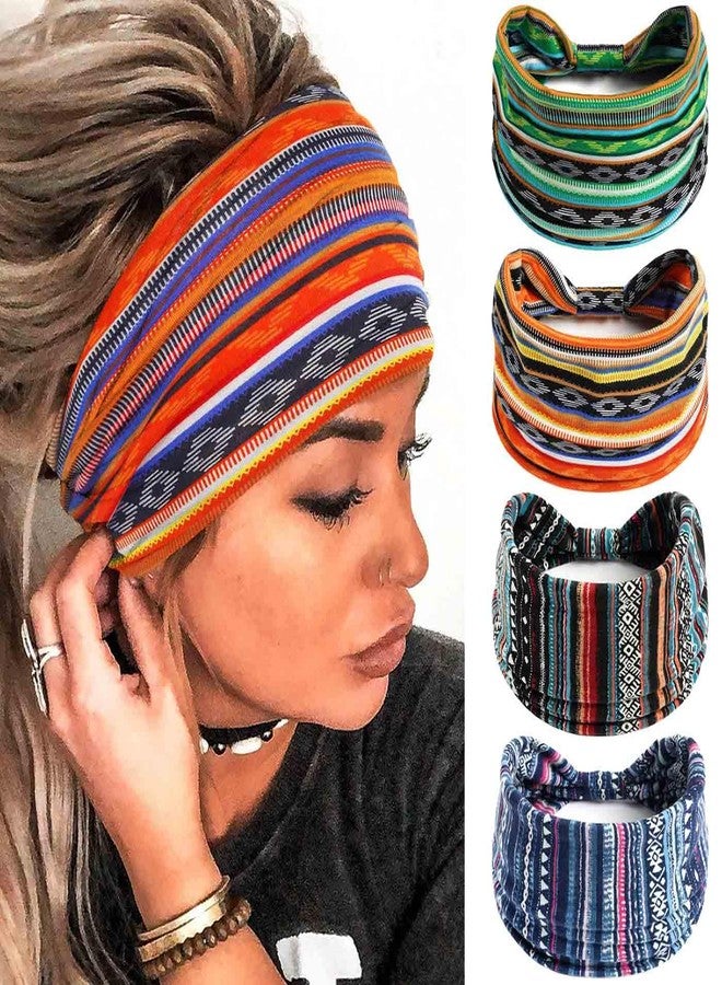 Olbye Wide Boho Headbands Floral Stretch Head Wraps Bohemian African Turban Hairbands Knotted Bandana Headband Yoga Running Head Scarfs Workout Hair Accessories for Women 4Pcs (Stylish, 9.4 * 5.9'') - Image 1