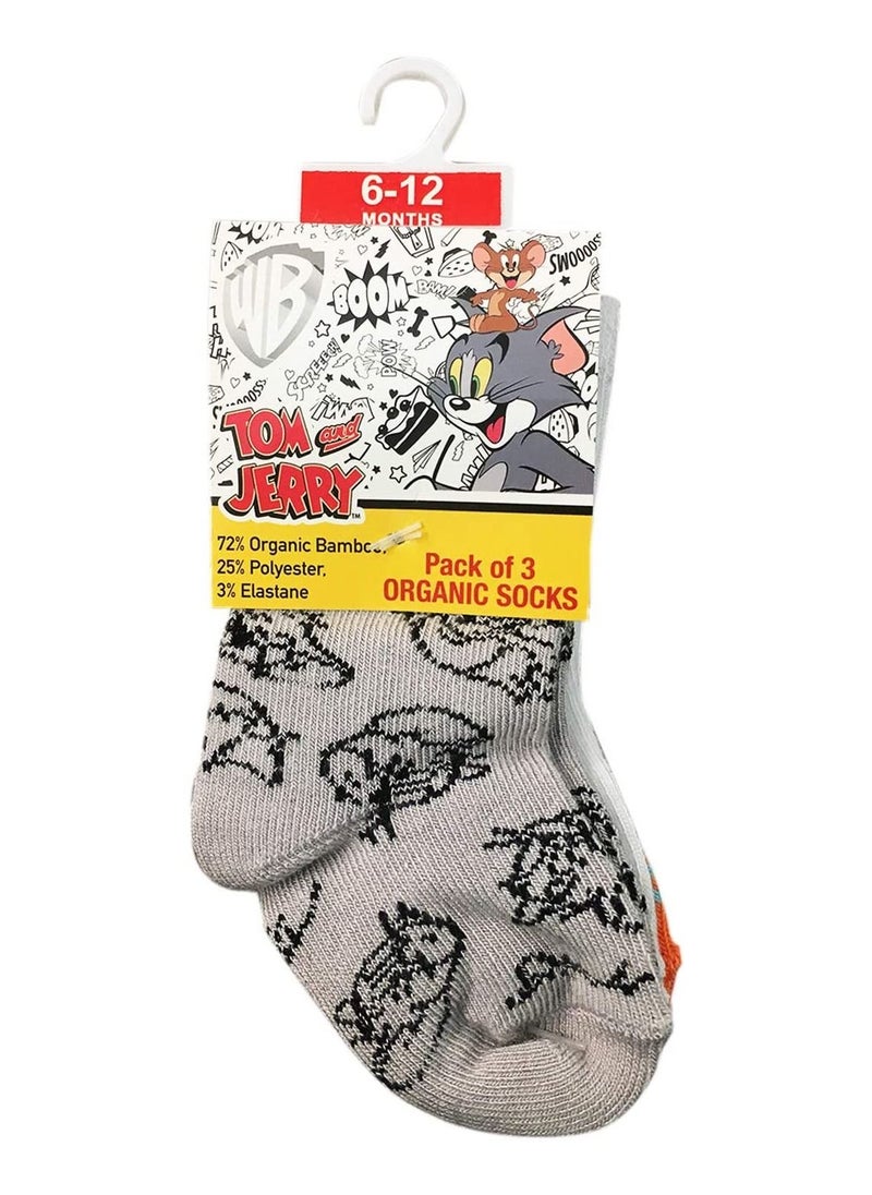 Tom & Jerry Tom & Jerry Bamboo Cotton Sock - Printed (Pack Of 3) - Grey/White/Orange 6-12M  - Image 1