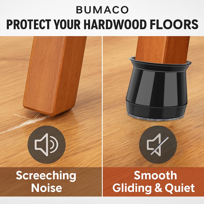 BUMACO Chair Leg Floor Protectors Chair Leg Protectors for Hardwood Floors Silicone Pads Covers to Protect Floors (Black-20 Pcs, Universal L (1-5/16"~2") - Image 3