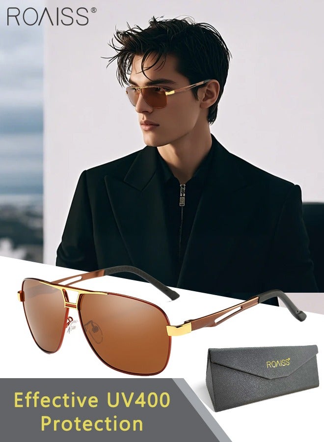 رويس نظارات شمسية ريترو أفياتور مستقطبة للرجال بحماية من الأشعة فوق البنفسجية 400 بإطار معدني خفيف الوزن نظارات شمسية عصرية مضادة للتوهج للرجال أثناء القيادة وصيد الأسماك والسفر باللون الذهبي والبني - Image 1