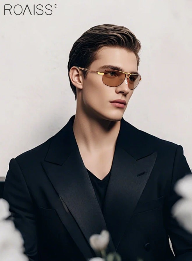 رويس نظارات شمسية ريترو أفياتور مستقطبة للرجال بحماية من الأشعة فوق البنفسجية 400 بإطار معدني خفيف الوزن نظارات شمسية عصرية مضادة للتوهج للرجال أثناء القيادة وصيد الأسماك والسفر باللون الذهبي والبني - Image 2